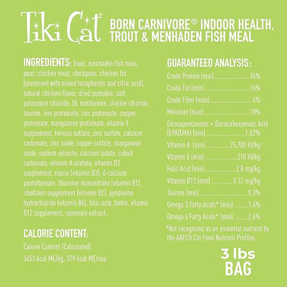 Tiki Cat Born Carnivore Indoor Health Dry Cat Food, Trout & Menhaden Fish Meal, 3 lbs. Bag