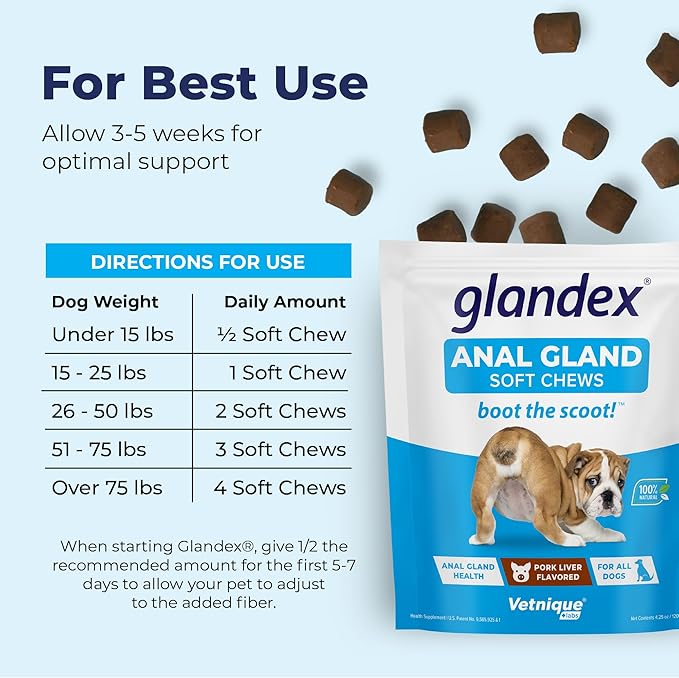 Vetnique Labs Glandex Anal Gland Soft Chew Treats with Pumpkin for Dogs Digestive Enzymes, Probiotics Fiber Supplement for Dogs Boot The Scoot (Bacon/Pork Chews, 30 Count)