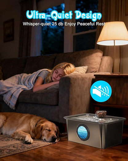 Dog Water Fountain for Large Dogs Stainless Steel 3 Gallon Big Pet Drinking Fountain with Filter, Electric Cat Watering Dispenser with Large-Filtration Area & Deeper Drinking Super Quiet