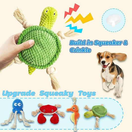 4-Pack Squeaky Dog Toys Sea Durable Interactive Chew Stuffed Crinkle Plush Toys of Rope Dog Tug of War Toy & Oral Care Puppy Toys Set: Octopus, Crab,Seahorse,Turtle Pet Toys for Small to Large Dogs