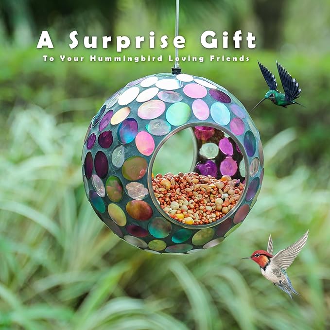 VCUTEKA Mosaic Bird Feeder, Round Glass Container Hanging Bird Feeders for Gardens, Yards, Decks to Attract Wild Birds, 7-Inch Purple
