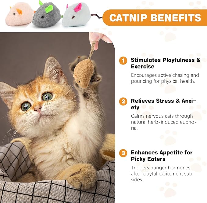 12PCS Cat Mouse Toys with Catnip, 2.36” Mouse Toys for Cats, Faux Fur Cat Mice Toys with Plastic Body, Interactive Catnip Toys for Indoor Cats Play Fetch