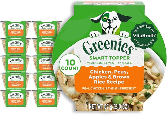 Greenies Smart Topper High Protein Wet Mix-in for Dogs, Chicken, Peas, Apples & Brown Rice Recipe in Vitabroth Broth - Bone Broth + Vitamins E & B1, 10 Count