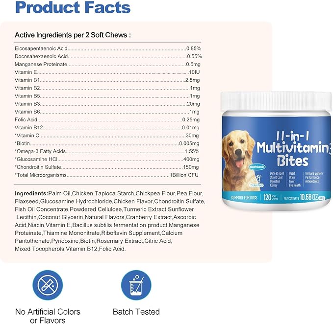 11-in-1 Dog Multivitamin Supplement - Dog Vitamins with Glucosamine - 120 Chews - Hip & Joint, Pet Immune Support, Heart, Skin & Coat, Digestion - Senior & Puppy Multivitamin Pet Supplement