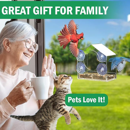 Window Bird Feeder with Strong Suction Cups - Clear Bird Feeders for Window Viewing, Sturdy and Durable, Easy to Clean and Refill, for Finches, Cardinals, and More, Gifts for Mom Dad Cats