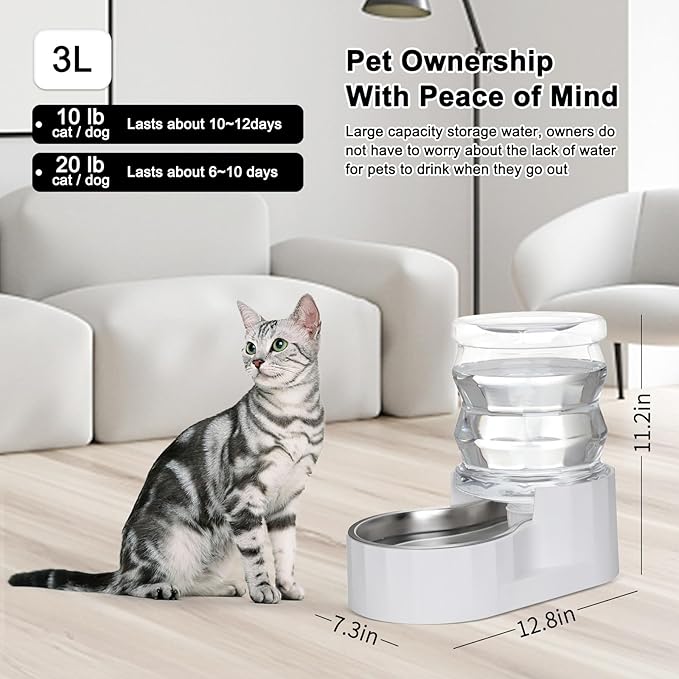 RIZZARI Gravity Water Bowl Dispenser for Cats: 3L White Stainless Steel Water Feeder Without Filter - 100% BPA-Free Automatic Dispenser Home Use