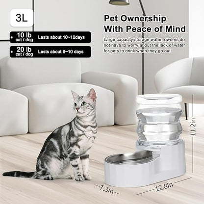 RIZZARI Gravity Water Bowl Dispenser for Cats: 3L White Stainless Steel Water Feeder Without Filter - 100% BPA-Free Automatic Dispenser Home Use