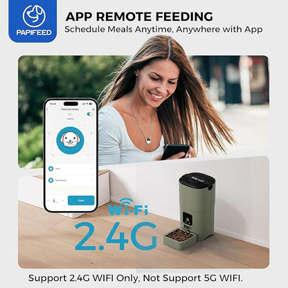 PAPIFEED Automatic Cat Feeder Upgrade, Smart Cat Feeder 6L - APP/Alexa Control, Dual Power Supply, Anti-chewing Cord, Stainless Steel Bowl, Anti-chewing Design for Cats and Small/Medium Dogs (Greener)