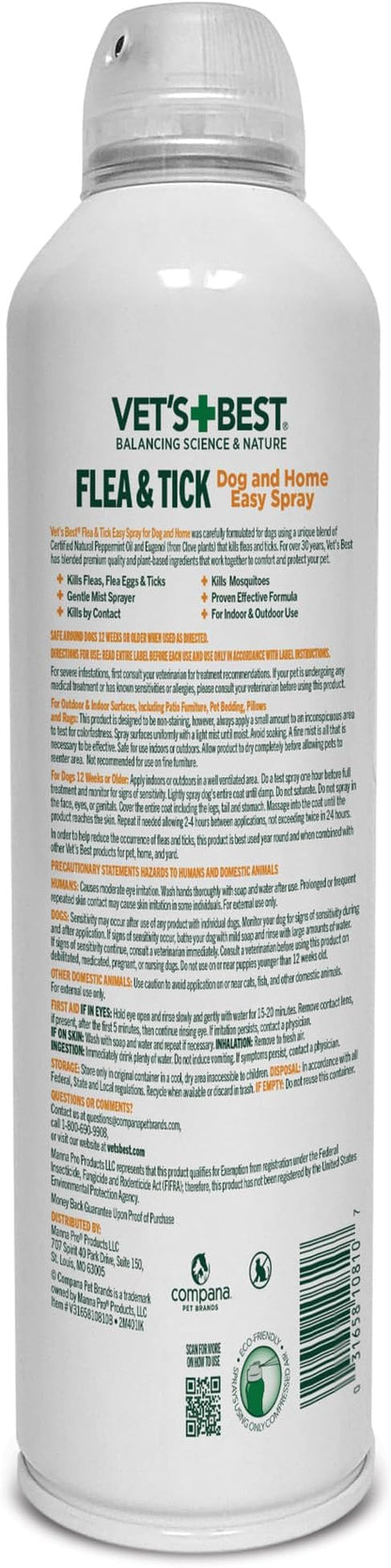 Vet's Best Natural Flea and Tick Home Spray, Dog Flea and Tick Treatment for Home, Plant-Based Flea and Tick Prevention, Dog Flea & Tick Control and Mosquito Repellent, Certified Natural Oils, 14 oz