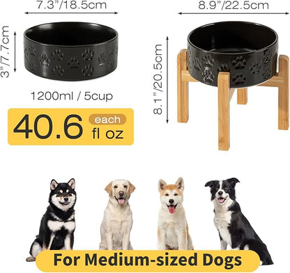 2 Pack Elevated Ceramic Dog Bowls, 7.3 inch Raised Dog Bowl for Medium Dogs, Reducing Neck Strain, Dishwasher Safe (Double Bowls + Double Stands - Black, 7.3 inch)