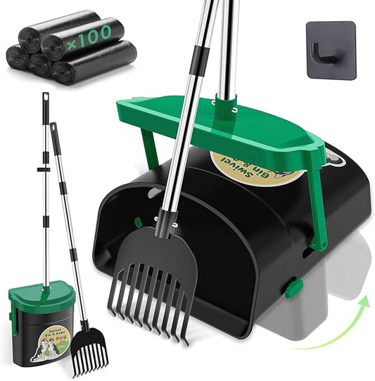 UPSKY Dog Pooper Scooper Swivel Bin & Rake Kit with 100 Waste Bags,33.4" Stainless Steel Long Handle Heavy Duty Pet Poop Shovel for Large Medium Small Dogs, Odor-Proof Lid for Yard/Lawn/Outdoor Use