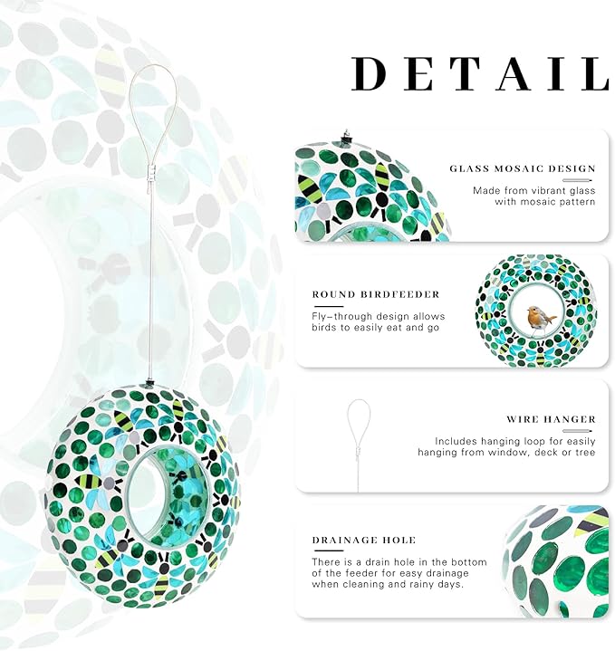 VCUTEKA Bird Feeder Mosaic Fly Through Bird Feeders for Outside Hanging with Round Shape Glass Container to Attract More Wild Birds for Garden, Yard, Backyard, Deck and Porch Decor, Bee 10-Inch