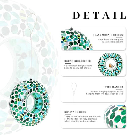 VCUTEKA Bird Feeder Mosaic Fly Through Bird Feeders for Outside Hanging with Round Shape Glass Container to Attract More Wild Birds for Garden, Yard, Backyard, Deck and Porch Decor, Bee 10-Inch