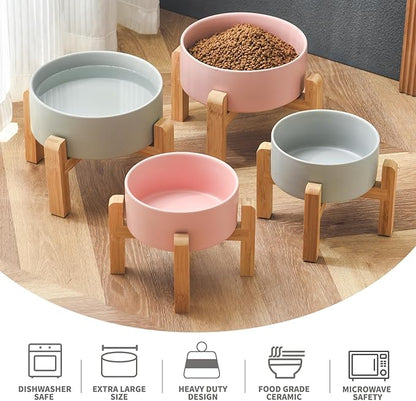 6'' Ceramic Raised Dog Bowl - 30Oz Dog Food & Water Bowl with Elevated Non-Slip Bamboo Stand, Dishwasher & Microwave Safe, Anti Vomiting Heavy Duty Pet Bowl for Small and Medium Dogs, Pink