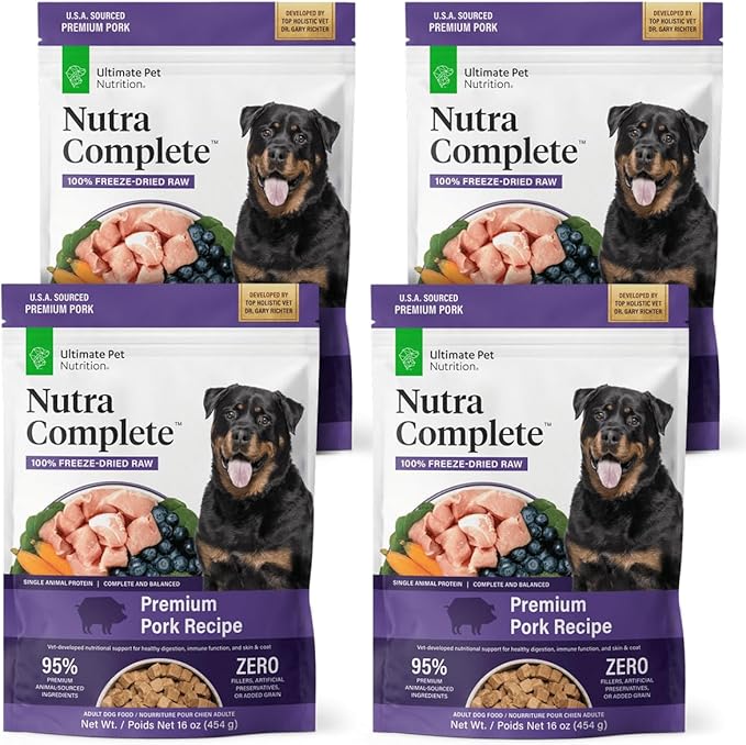ULTIMATE PET NUTRITION Nutra Complete, 100% Freeze Dried Veterinarian Formulated Raw Dog Food with Antioxidants Prebiotics and Amino Acids, (1 Pound (Pack of 4), Pork)