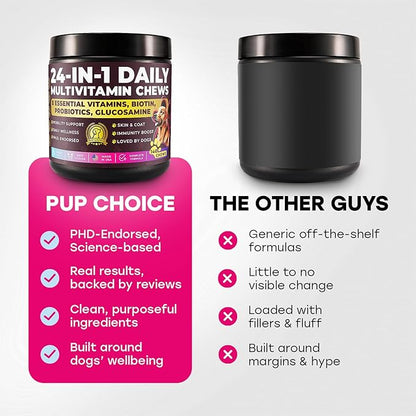 24-in-1 Complete Multivitamin Treats for Dogs - PhD Endorsed 8 Vitamins, Biotin, Probiotics, Glucosamine - Daily Wellness, Immunity, Skin & Coat, Mobility 140 Treats - Beef Flavor - Made in USA