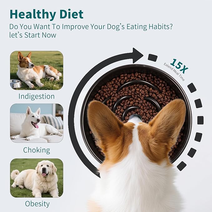 8.26 in Deep Green Dog Bowl Slow Feeder Ceramic for Medium and Large Breed,Elevated/Raised Slow Feeding Dog Food Water Dish Heavy Weighted,Puppy Dish for Fast Eaters,Puzzle Eating Bowl Meteor