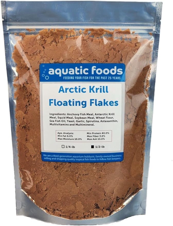 Aquatic Foods Inc. Arctic Krill Flakes which Contain Natural Carotenoids & Astaxanthin That Will Enhance The Vibrant Colors of Fish, for All Tropical and Marine Fish...WL…1/2-lb Foil Pouch Bag