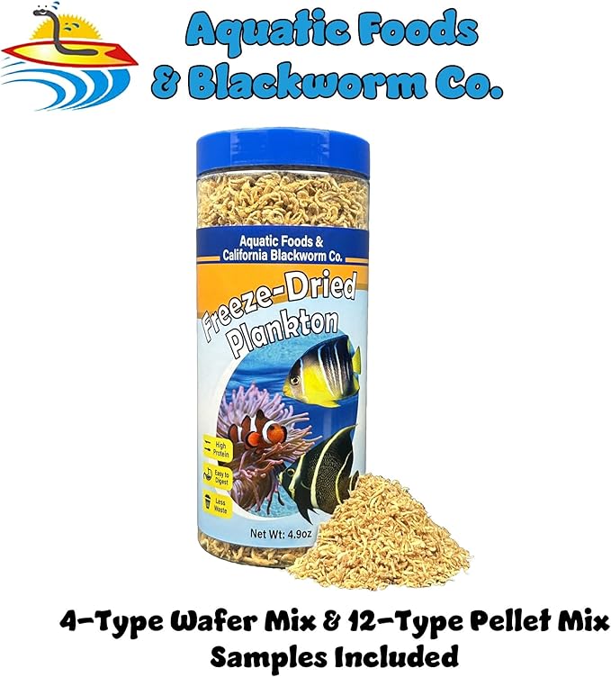 Aquatic Foods Inc. Pacific Plankton, Freeze Dried Plankton for Marines, Corals, Anemones, Cichlids, Discus, Goldfish, Angel Fish, 12-Type Pellet Mix, 4-Type Wafer Mix Included 4.9oz Canister