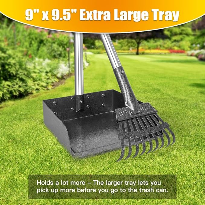 TOOGE Larger Pooper Scooper, Dog Pooper Scooper for Large Medium Small Dogs Heavy Duty Long Handle Metal Tray Rake Shovel Set for Yard Grass