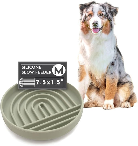 The Slowdown Bowl Silicone Slow Feeder for Dogs & Puppies, Slow Eating, Modern Lick Mat Design, Reduces Gulping, Fits 2 Cups 7.5” Across x 1.5” Tall, Mealtime Challenge, Medium-Sage