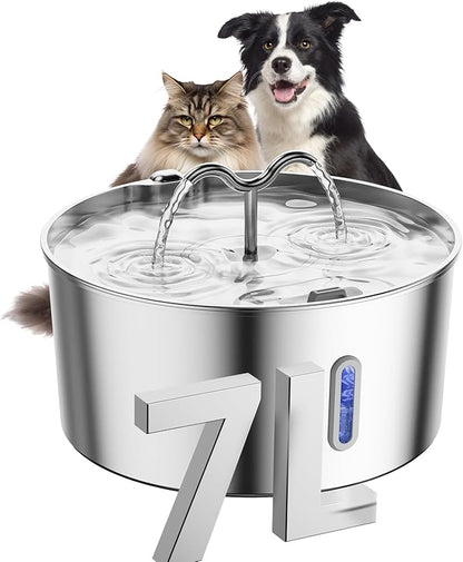 7L/1.85Gal/237oz Stainless Steel Cat Water Fountain, Automatic Pet Fountain Large Dog Water Dispenser with Filters & Dual Function Drinking for Multiple Pets Indoor