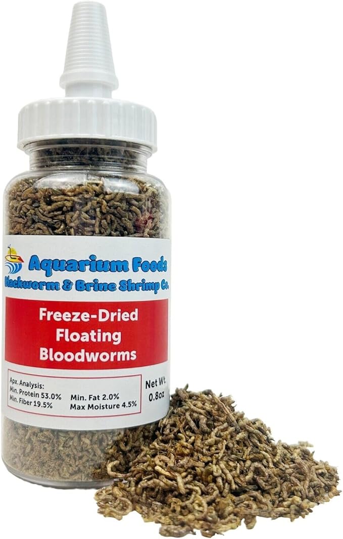 Aquatic Foods Inc. Freeze-Dried Bloodworms, Our Grade A Floating Bloodworms for All Freshwater Fish, Marine Fish, Corals, Anemones, Baby Pond Fish…0.8oz Squeeze Bottle