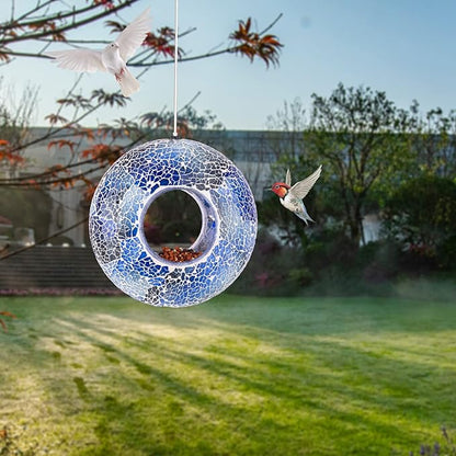 VCUTEKA Bird Feeder Mosaic Fly Through Bird Feeders for Outside Hanging with Round Shape Glass Container to Attract More Wild Birds for Garden, Yard, Backyard, Deck and Porch Decor, 8-Inch