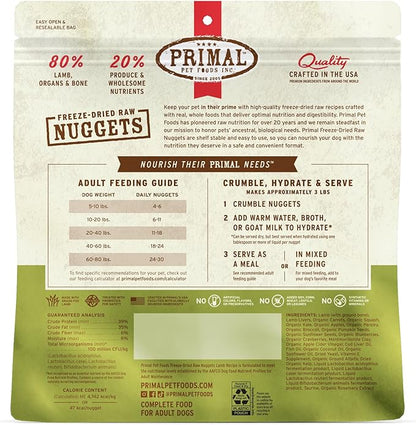 Primal Freeze Dried Raw Dog Food Nuggets, Lamb, Complete & Balanced Meal, Also Use as Topper or Treat, Premium, Healthy, Grain Free, High Protein Raw Dog Food, 14 oz