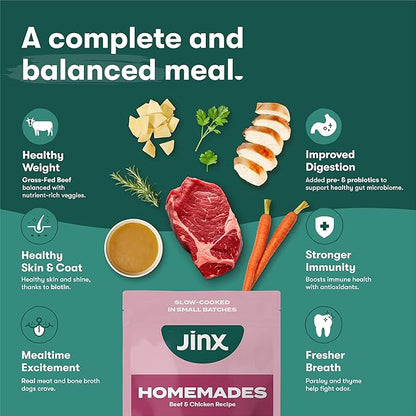 Jinx Beef Grain Free Wet Dog Food Pouches, Meal or Dog Food Topper Mix-in, Made with Real Beef & Chicken, Bone Broth & Brown Rice, No Fillers, Puppy, Adult, Senior, 9oz, 6 Pack