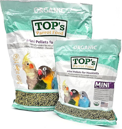TOP's Parrot Food Mini Pellets Bird Food for Budgies, Cockatiels, Parrotlets, Lovebirds, Parakeets - Non-GMO, Peanut Soy & Corn Free, USDA Organic Certified - 1 lb