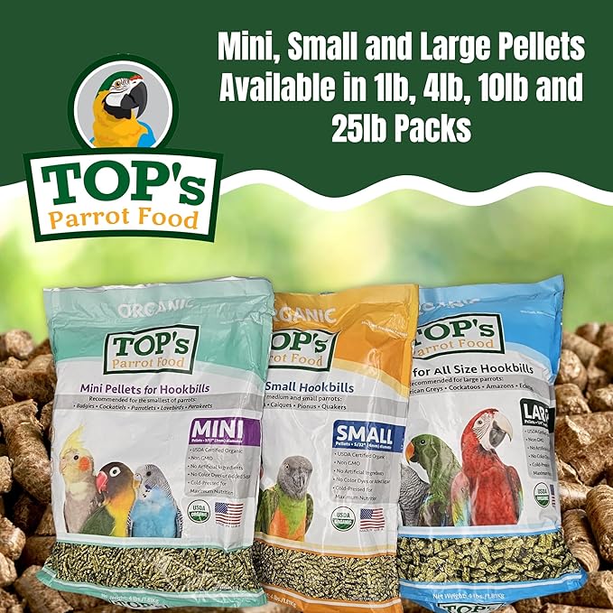 TOP's Parrot Food Mini Pellets Bird Food for Budgies, Cockatiels, Parrotlets, Lovebirds, Parakeets - Non-GMO, Peanut Soy & Corn Free, USDA Organic Certified - 4LBS