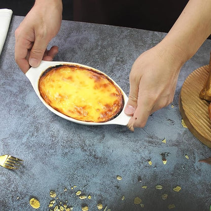 6" x 4" Ceramic Oval Small Au Gratin Baking Dishes 7 oz, Set of 4 Banana Split Bowls, Oven and Microwave Safe, for 1 person servings, Bakeware with Handle(8.3 IN) for Kitchen and Home