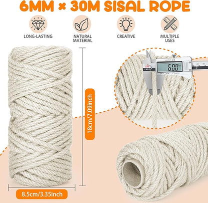 98FT/30M Cat Scratching Sisal Rope, 6mm Thick Natural Jute Rope for Scratch Posts, Cat Trees, DIY Projects, Sisal Rope for Cat Scratcher with 2 Cat Mouse Toys (White, 98ft)