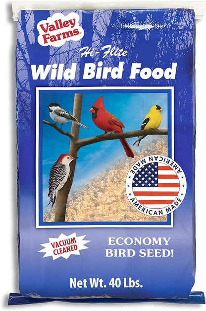 Valley Farms Hi-Flite Wild Bird Food for Outside feeders, Bird Seed with Millet, Crack Corn, and Black Oil Sunflower Seeds Birds, Economy Bird Seed for Outside Feeders, Birdseed (40 LBS)