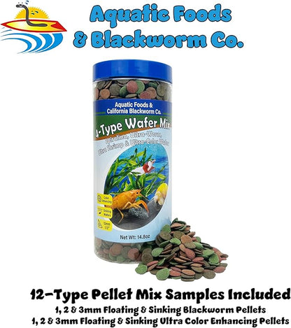Aquatic Foods Inc. 4-Type 12mm - 1/2" Sinking Wafer Mix of Spirulina-Algae, Ultra-Worm, Shrimp, Color Enhancing for Shrimp, Snails, Crabs, Crayfish, Bottom Fish, 12-Type Pellet Mix Included...1-lb 6oz