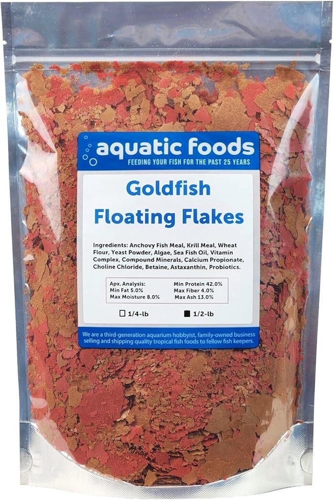 Aquatic Foods Inc. Goldfish Flakes, 42% Protein Color Enhancing and Spirulina Flakes for Aquarium & Pond Goldfish, Koi and All Pond Fish...WL…1/2-lb Foil Pouch Bag