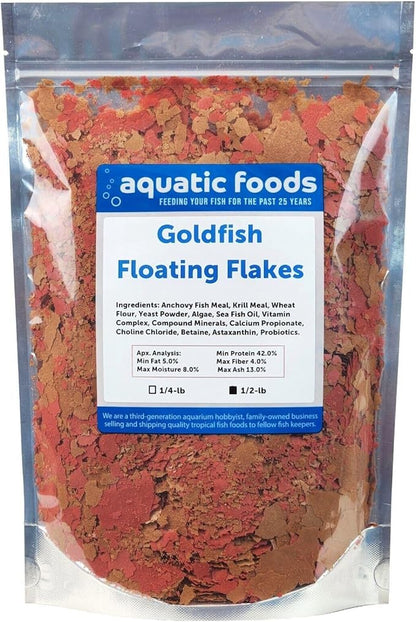 Aquatic Foods Inc. Goldfish Flakes, 42% Protein Color Enhancing and Spirulina Flakes for Aquarium & Pond Goldfish, Koi and All Pond Fish...WL…1/2-lb Foil Pouch Bag