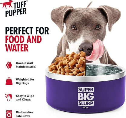 Tuff Pupper 100 oz Heavy Duty Insulated Stainless Steel Dog Bowl for Large Dogs, Non-Slip Base, Dishwasher Safe