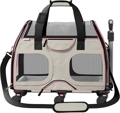 Katziela Pet Carrier - Airline Compliant Dog Carrier - TSA Approved Pet Carrier for Small Dogs and Cats - Soft FAA Travel Airplane Dog Carrier Luggage (Gray/Pink-6 Wheels)