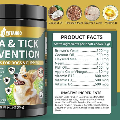 YOTANGO Flea and Tick Prevention for Dogs Chewable, 200 Soft Treats Natural Dog Flea and Tick Treatment Chewable, Oral Flea Supplement Chews, Skin & Coat Support for Dogs Puppies - All Breeds & Ages