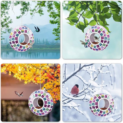 VCUTEKA Bird Feeder Mosaic Fly Through Bird Feeders for Outside Hanging with Round Shape Glass Container to Attract More Wild Birds for Garden, Yard, Backyard, Deck and Porch Decor, Multi 7-Inch
