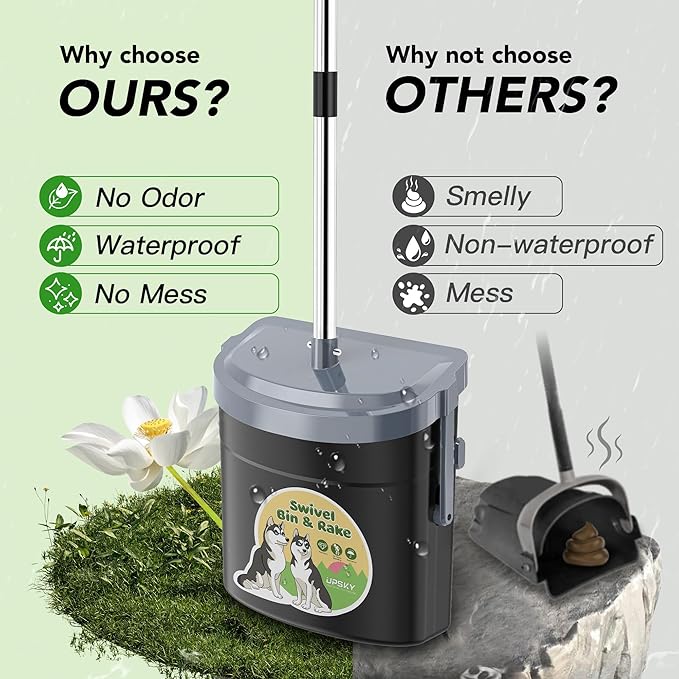 UPSKY Dog Pooper Scooper Swivel Bin & Rake Kit with 100 Waste Bags,33.4" Stainless Steel Long Handle Heavy Duty Pet Poop Shovel for Large Medium Small Dogs, Odor-Proof Lid for Yard/Lawn/Outdoor Use