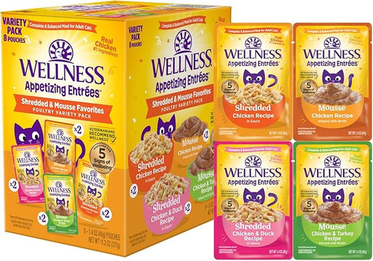 Wellness Appetizing Entrées Shredded & Mousse Adult Wet Cat Food, Natural, Protein-Rich, Grain Free, 1.4 Ounce Pouch, 8 Pack (Poultry Variety Pack)