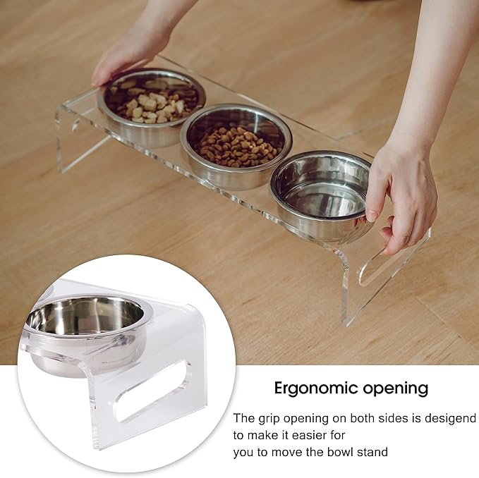 Tilted Raised Elevated Food and Water Bowls Stand for Cat or Small Dogs - Puppy's Clear Acrylic Stainless Steel 3 Dishes Holder for Boy or Girl Pet by WBhonghui (Clear-3bowls)