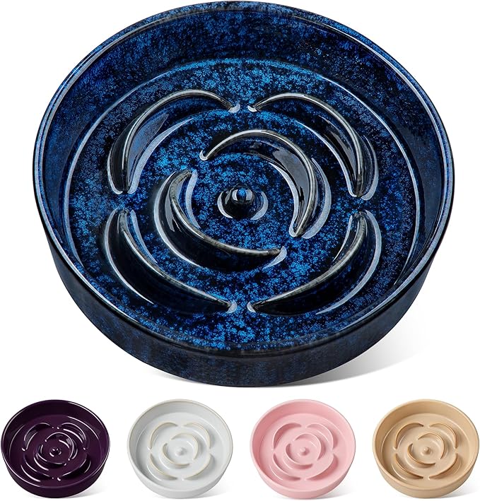 vancasso Slow Feeder Dog Bowl, 1.5 Cups Ceramic Slow Feeder for Medium Breed, Puzzle Maze Dog Food Bowl for Fast Eater, Blue