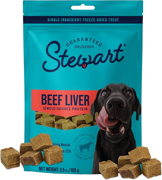 Stewart Single Ingredient Freeze Dried Raw Dog Treats, Beef Liver, 3.5 Ounce, Approx. 75 Pieces per Resealable Pouch, Training Treats or Meal Topper, High Protein, Grain Free, Gluten Free