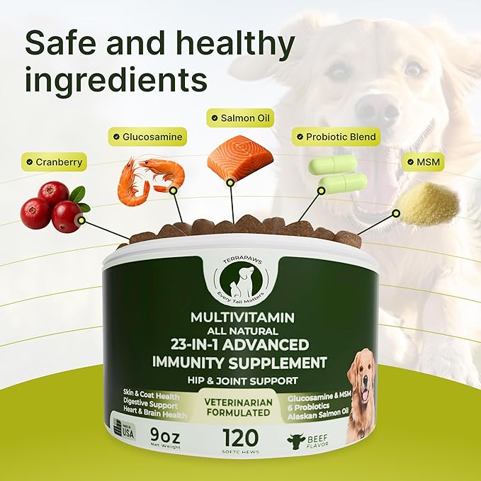23-in-1 Multivitamin for Dogs – Soft Chews with Glucosamine, Chondroitin, MSM, Probiotics, Cranberry, Biotin, Zinc, Salmon Oil, Vitamins B, C, E – Hip & Joint, Skin, Digestive & Immune Support