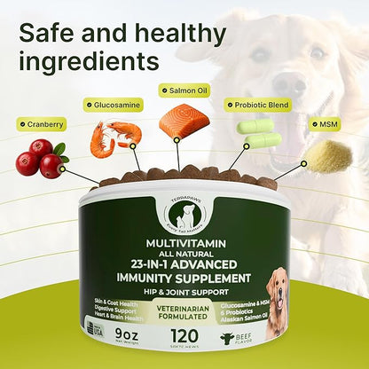 23-in-1 Multivitamin for Dogs – Soft Chews with Glucosamine, Chondroitin, MSM, Probiotics, Cranberry, Biotin, Zinc, Salmon Oil, Vitamins B, C, E – Hip & Joint, Skin, Digestive & Immune Support