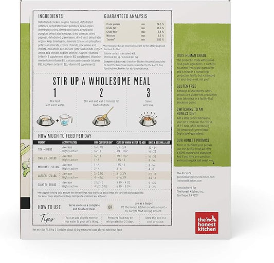 The Honest Kitchen Human Grade Dehydrated Grain Free Dog Food – Complete Meal or Dog Food Topper – Chicken 4 lb (makes 16 lbs)